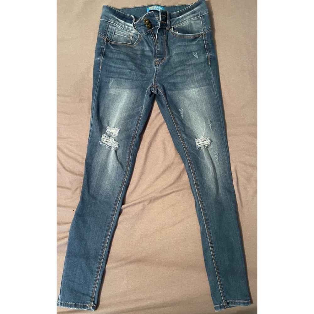 Wax Women's Juniors 'Butt I Love You' Push-Up High-Rise 3 Button Skinny Jeans
